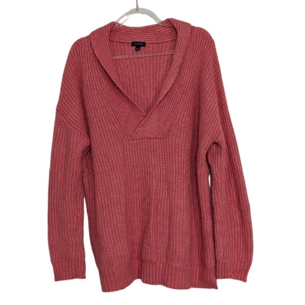 Talbots Ribbed Sweater Womens Size Medium Pink Wool Blend Shawl Collar Pullover